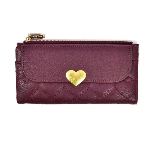 Heart Quilted Long Wallet with Heart-Lock Flap