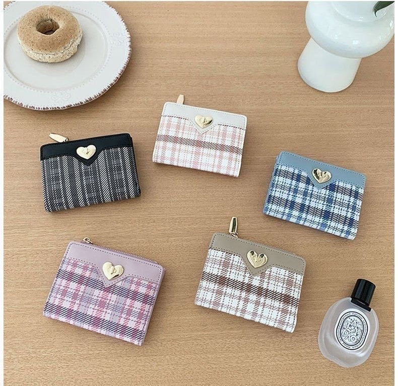 Plaid Print Mini Wallet with Heart Clasp