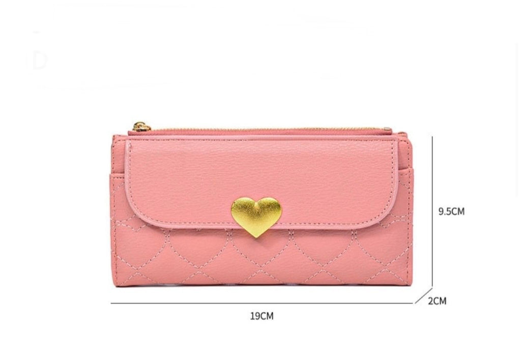 Heart Quilted Long Wallet with Heart-Lock Flap