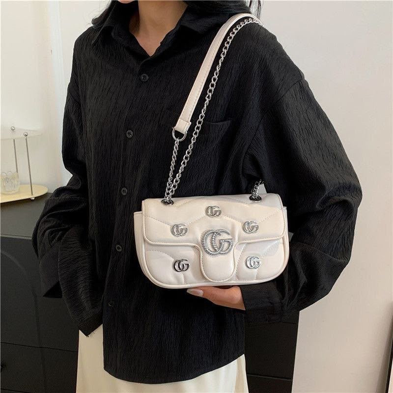 Chevron Quilted Leather Shoulder Bag with Crystal Logo "GG”