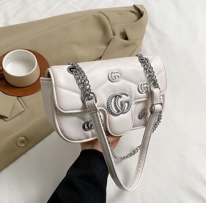 Chevron Quilted Leather Shoulder Bag with Crystal Logo "GG”