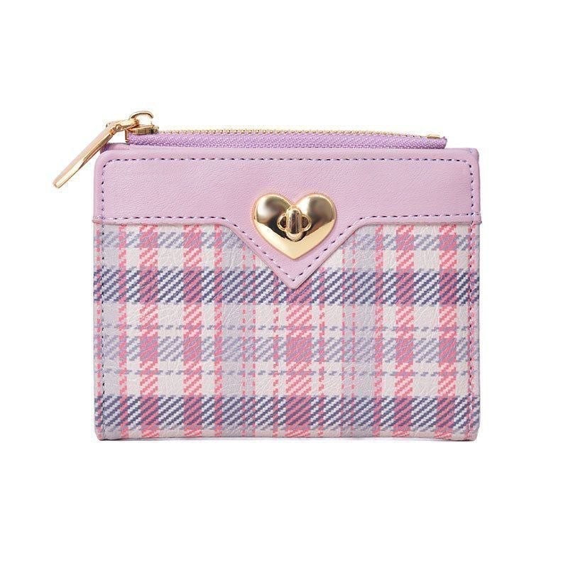 Plaid Print Mini Wallet with Heart Clasp