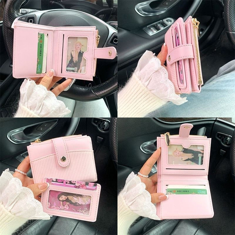 Ribbed Leather Compact Wallet with Snap Tab