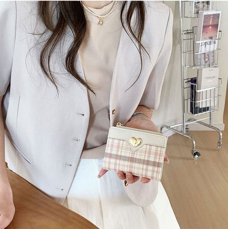 Plaid Print Mini Wallet with Heart Clasp