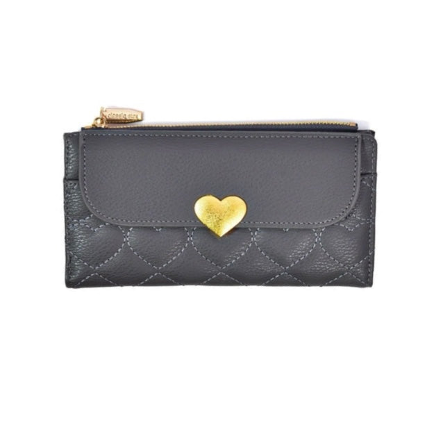 Heart Quilted Long Wallet with Heart-Lock Flap