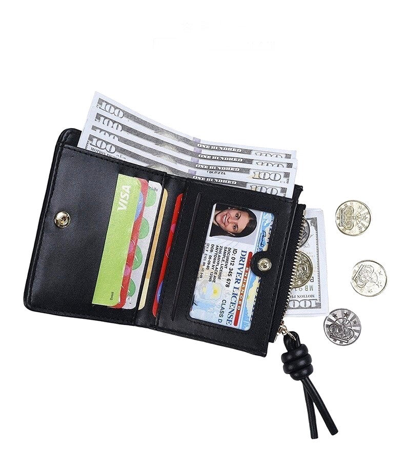 Compact Leather Wallet with Knotted Zip Pull