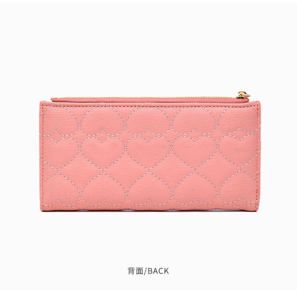 Heart Quilted Long Wallet with Heart-Lock Flap