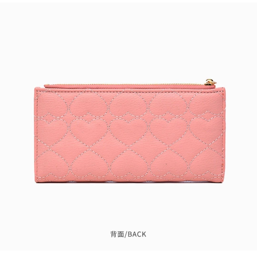 Heart Quilted Long Wallet with Heart-Lock Flap