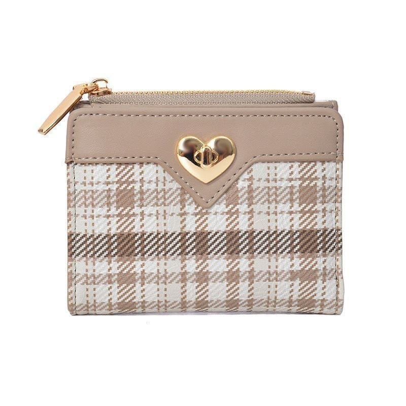 Plaid Print Mini Wallet with Heart Clasp