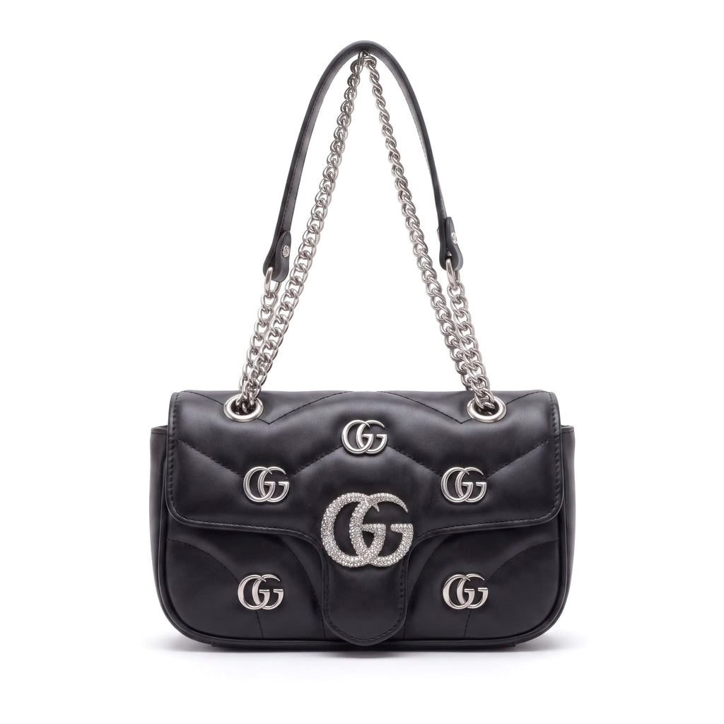 Chevron Quilted Leather Shoulder Bag with Crystal Logo "GG”
