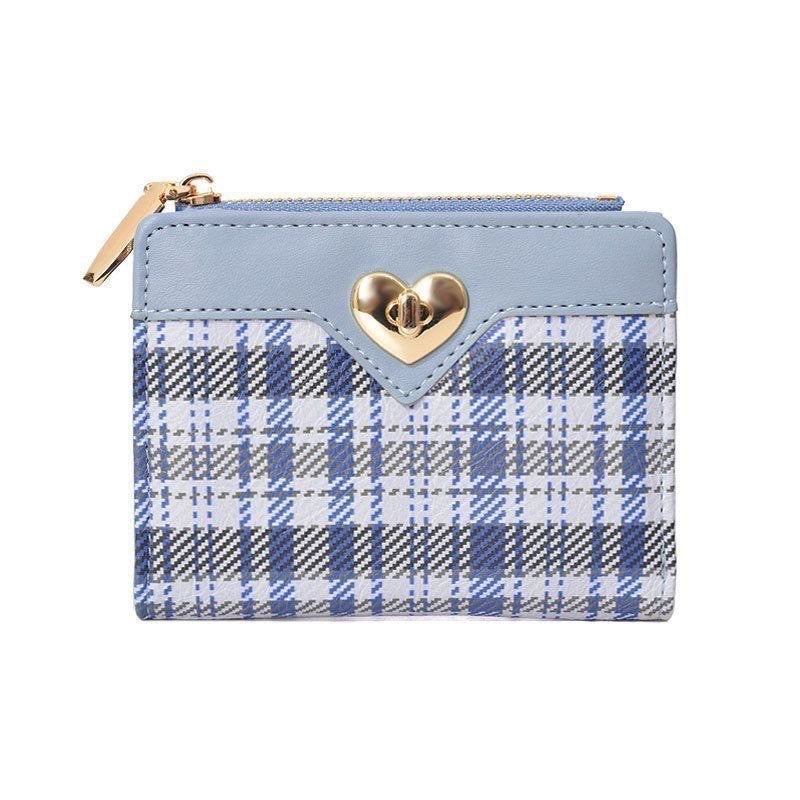 Plaid Print Mini Wallet with Heart Clasp