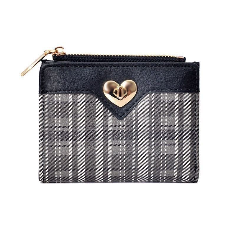 Plaid Print Mini Wallet with Heart Clasp