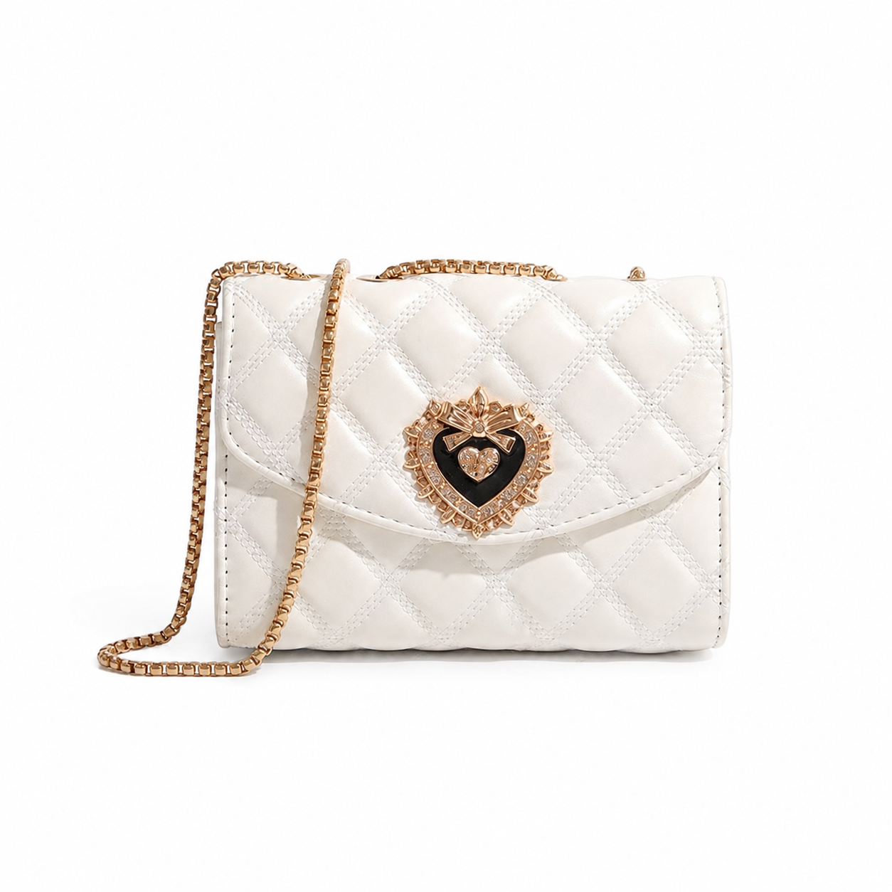 Quilted Leather Crossbody Bag with Jeweled Heart Clasp