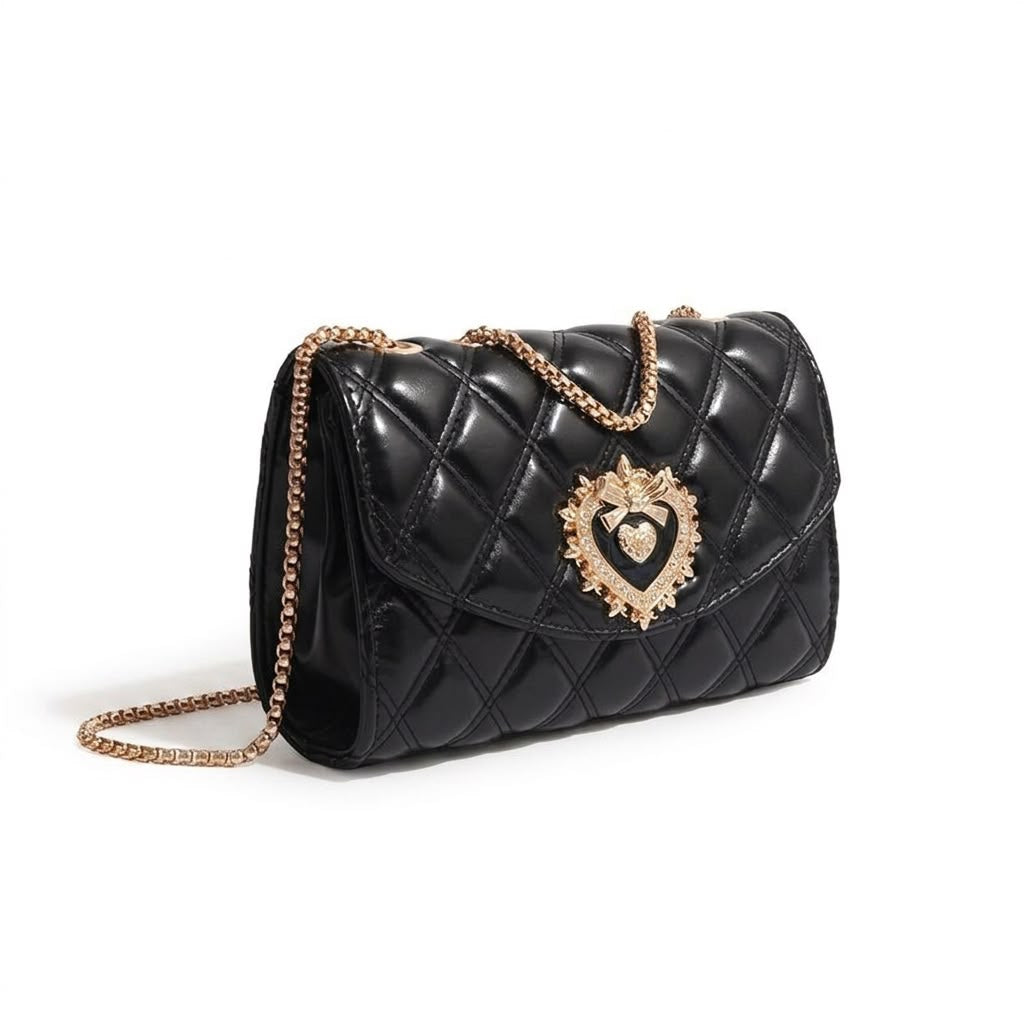Quilted Leather Crossbody Bag with Jeweled Heart Clasp