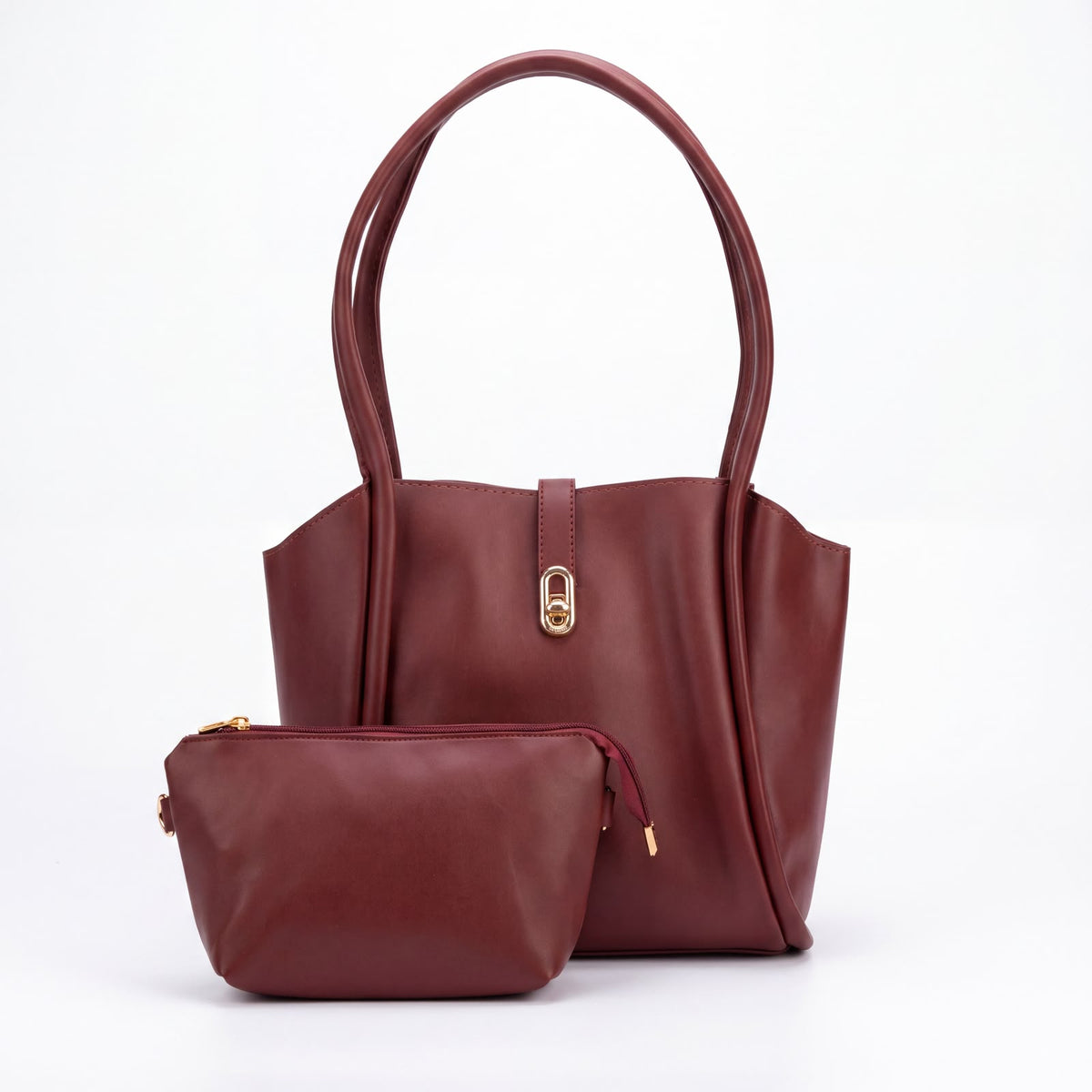 Leather Structured Tote Bag with Matching Pouch