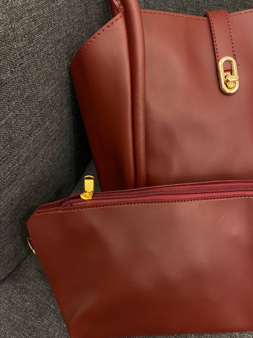 Leather Structured Tote Bag with Matching Pouch