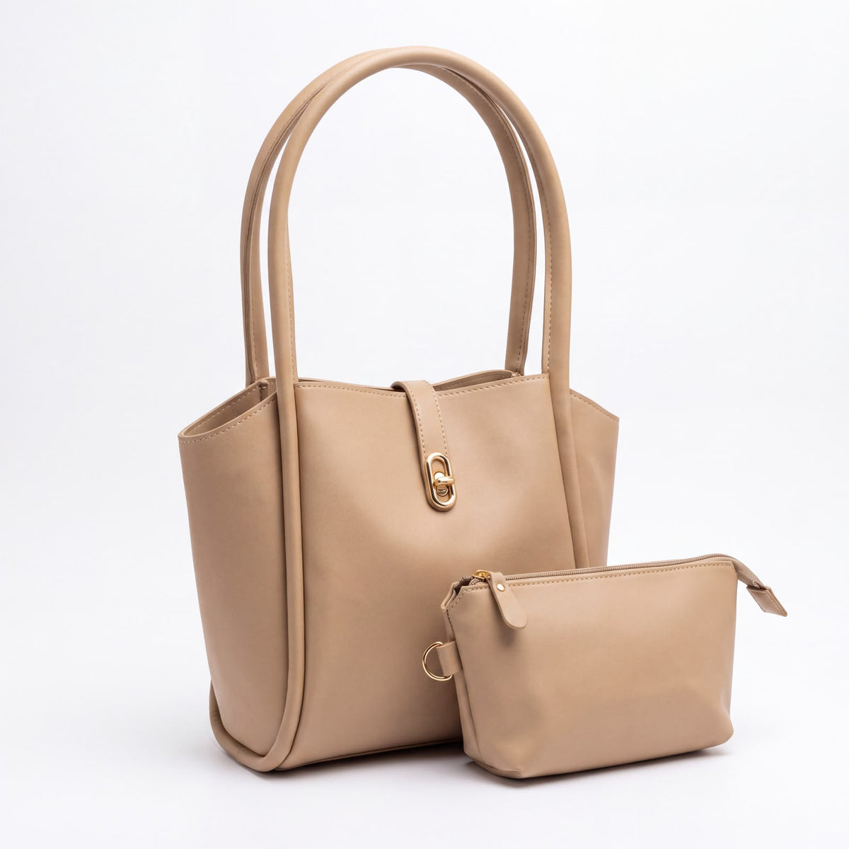 Leather Structured Tote Bag with Matching Pouch