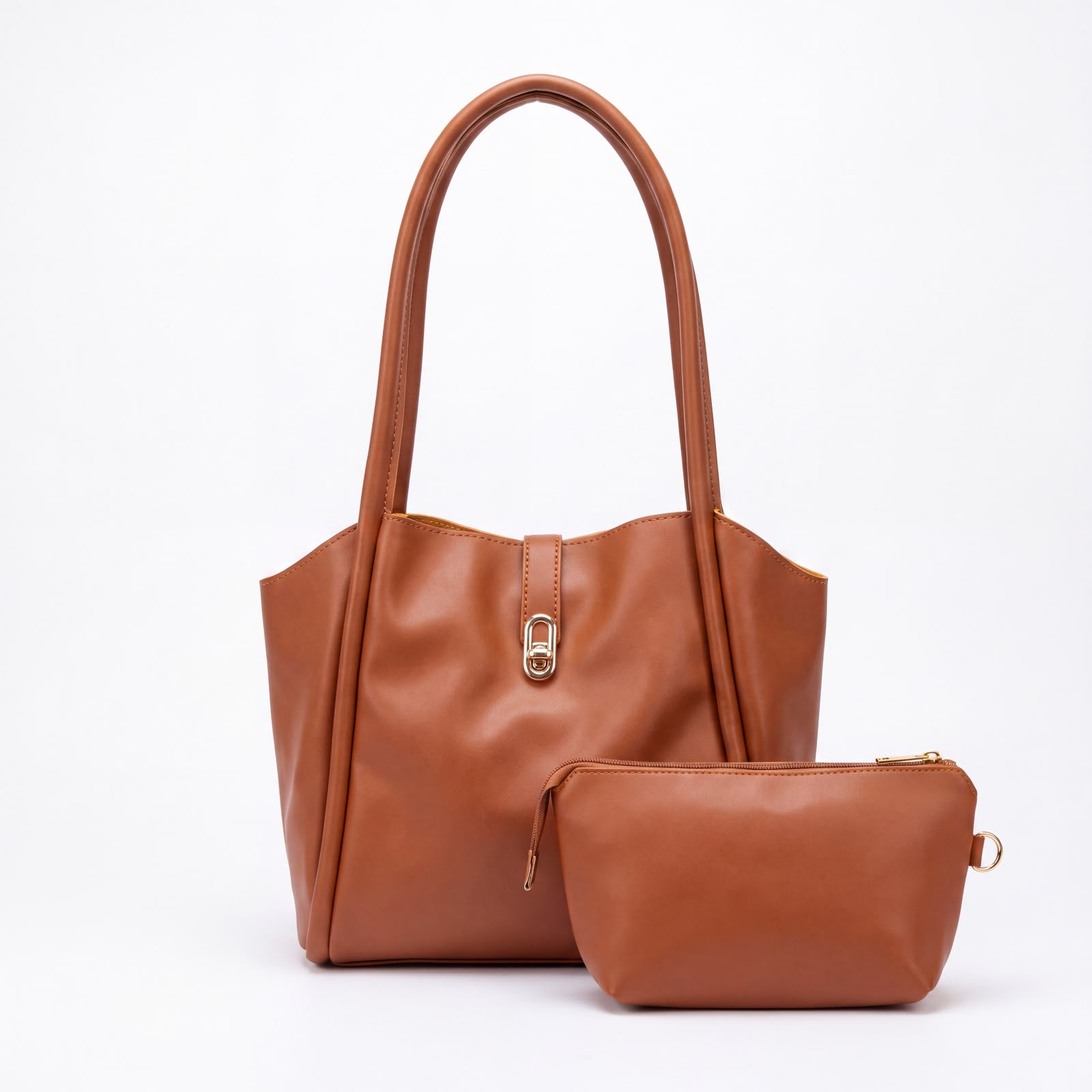 Leather Structured Tote Bag with Matching Pouch