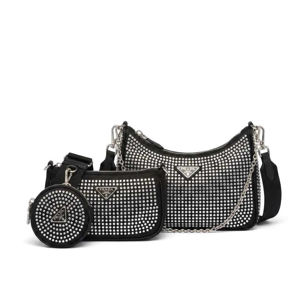 Prada Re-Edition Crystal-Embellished Nylon Shoulder Bag Set (Trio)