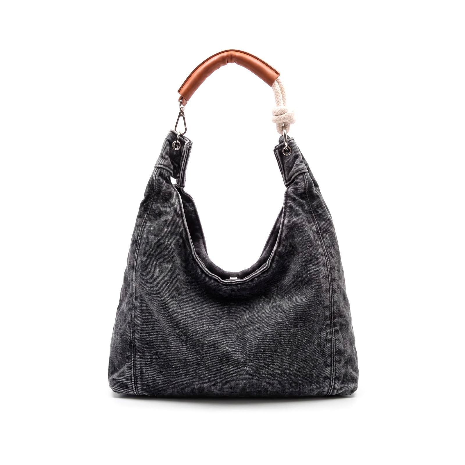Jeans Hobo Tote Bag with Leather & Rope Handle