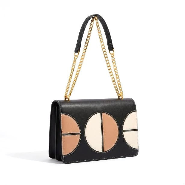 Colorblock Leather Flap Bag with Chain Strap