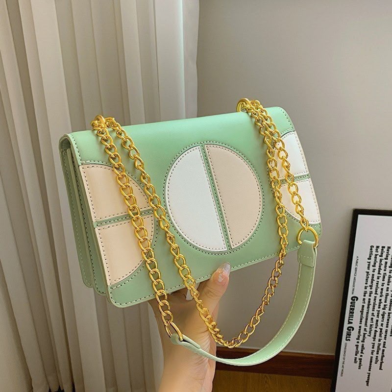 Colorblock Leather Flap Bag with Chain Strap