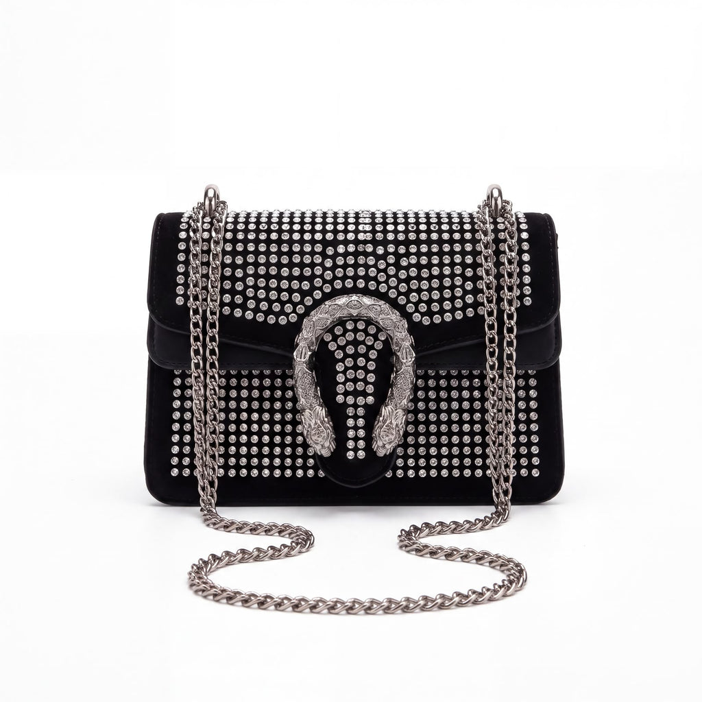 Crystal-Embellished Suede Shoulder Bag with Horseshoe Buckle
