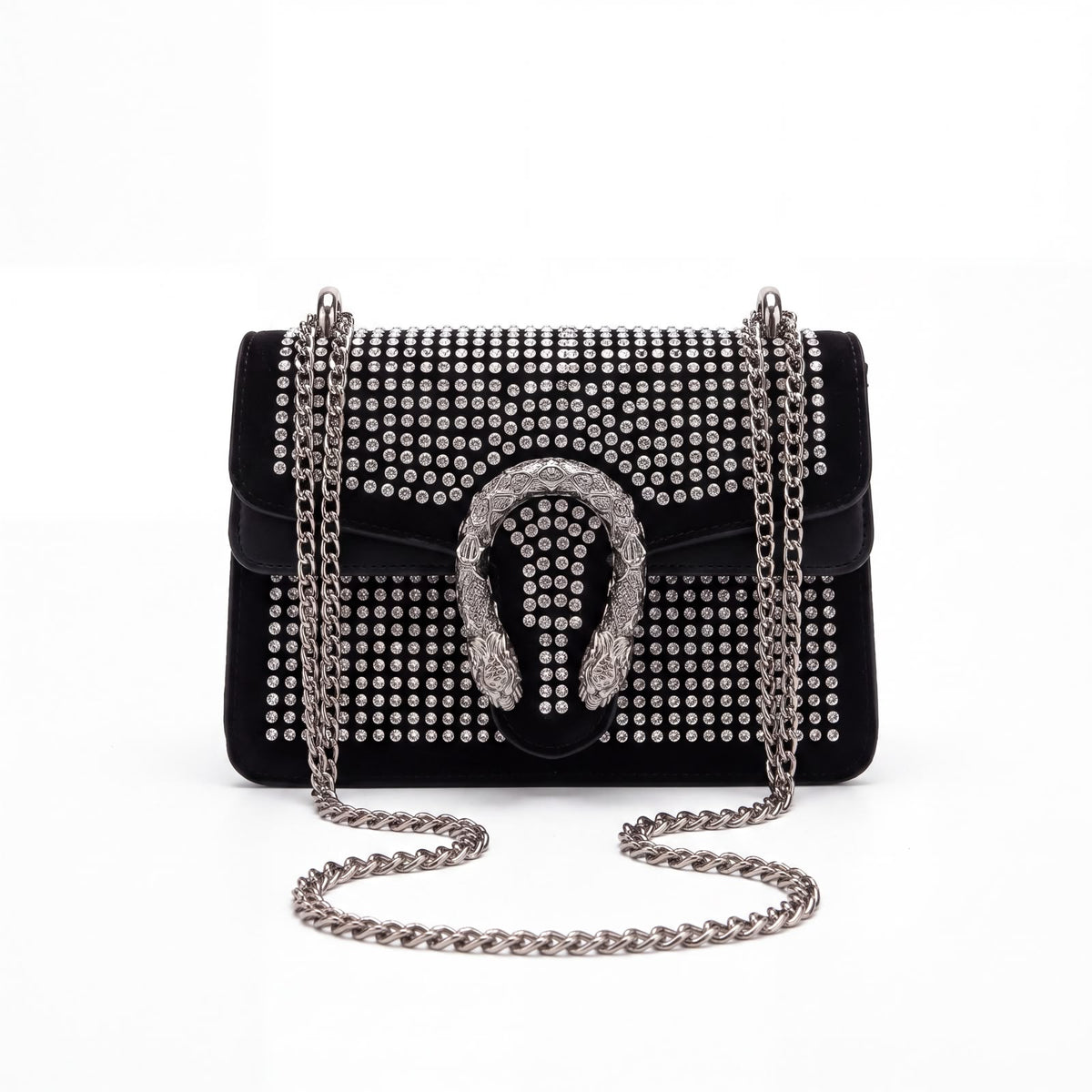 Crystal-Embellished Suede Shoulder Bag with Horseshoe Buckle