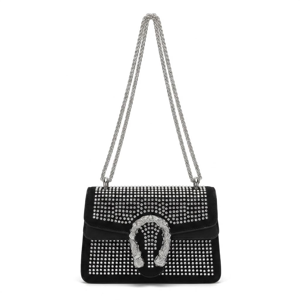 Crystal-Embellished Suede Shoulder Bag with Horseshoe Buckle