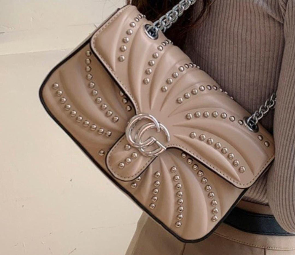 Studded Swirl-Quilted Leather Shoulder/ Cross Bag