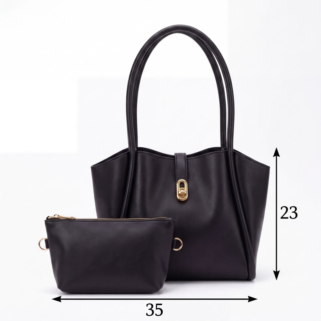 Leather Structured Tote Bag with Matching Pouch